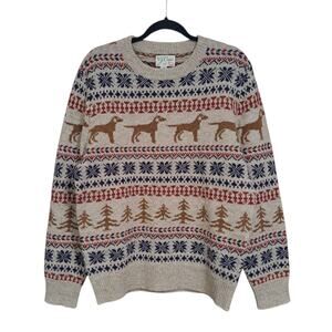 J.Crew Mens Fair Isle Wool Sweater M Heather Khaki Cinnamon Dog Pullover Holiday